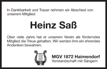 Traueranzeige von Heinz Saß von Pegnitz-Zeitung